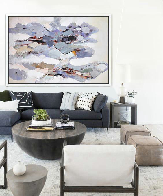 Extra Large 72" Acrylic Painting,Oversized Horizontal Contemporary Art,Abstract Oil Painting,White,Grey,Pink,Blue,Yellow.etc